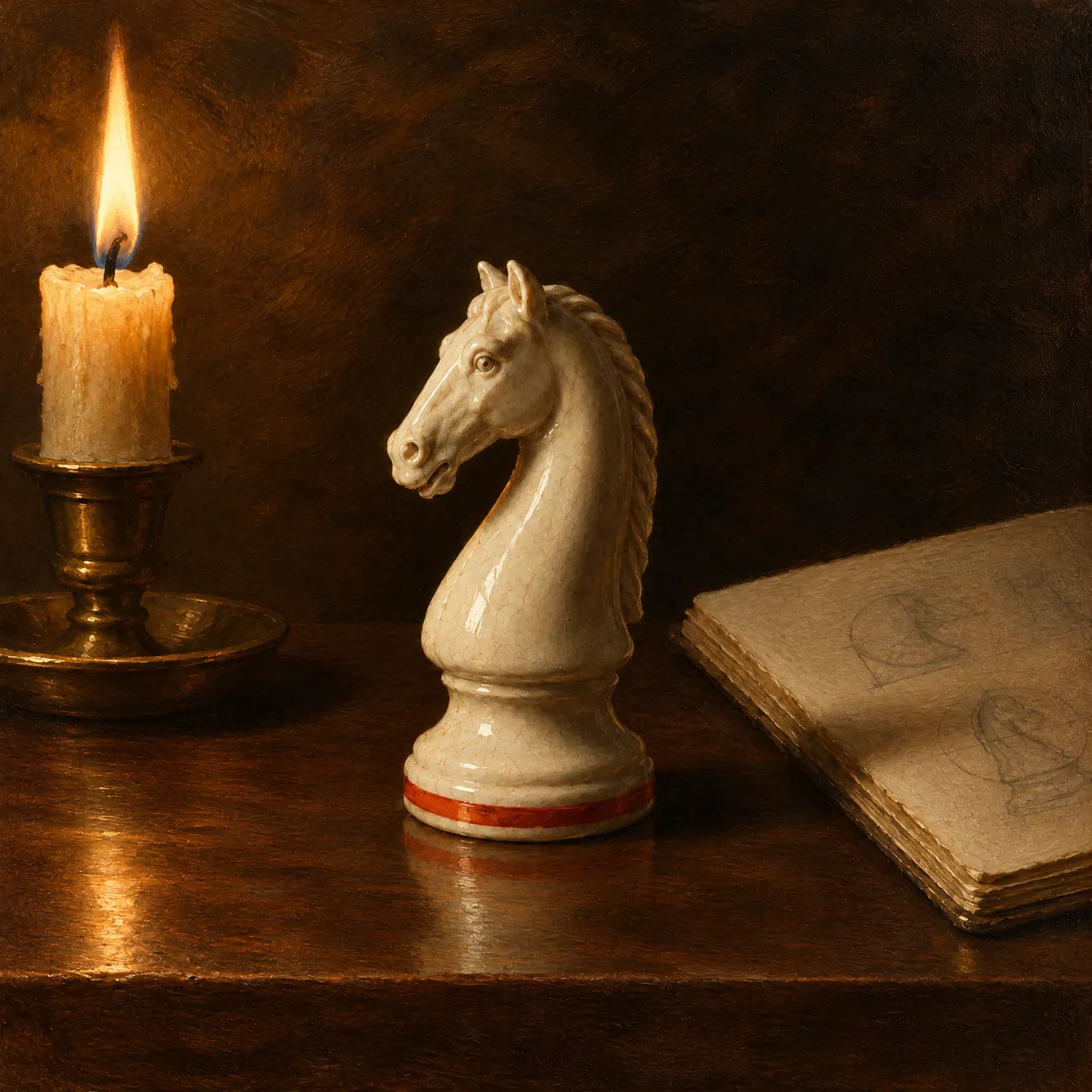 A porcelain knight by candlelight on a walnut table, beside a notebook of chess diagrams.
