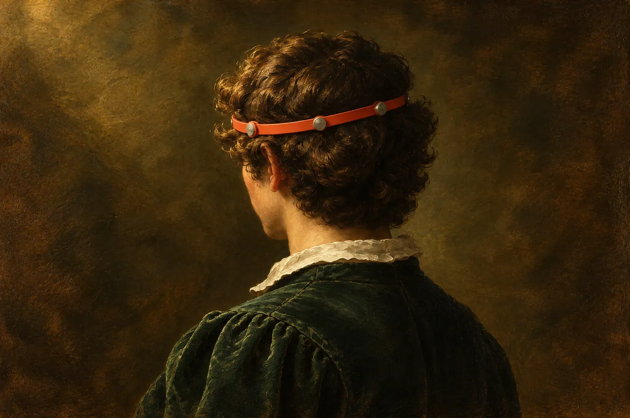 A painted figure seen from behind, dark curls turned away, wearing a vermilion EEG headband with silver electrodes.