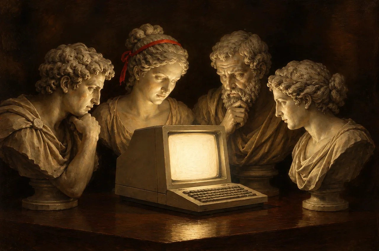 Four marble busts lean in around a glowing old computer terminal, one with a vermilion ribbon in its hair.
